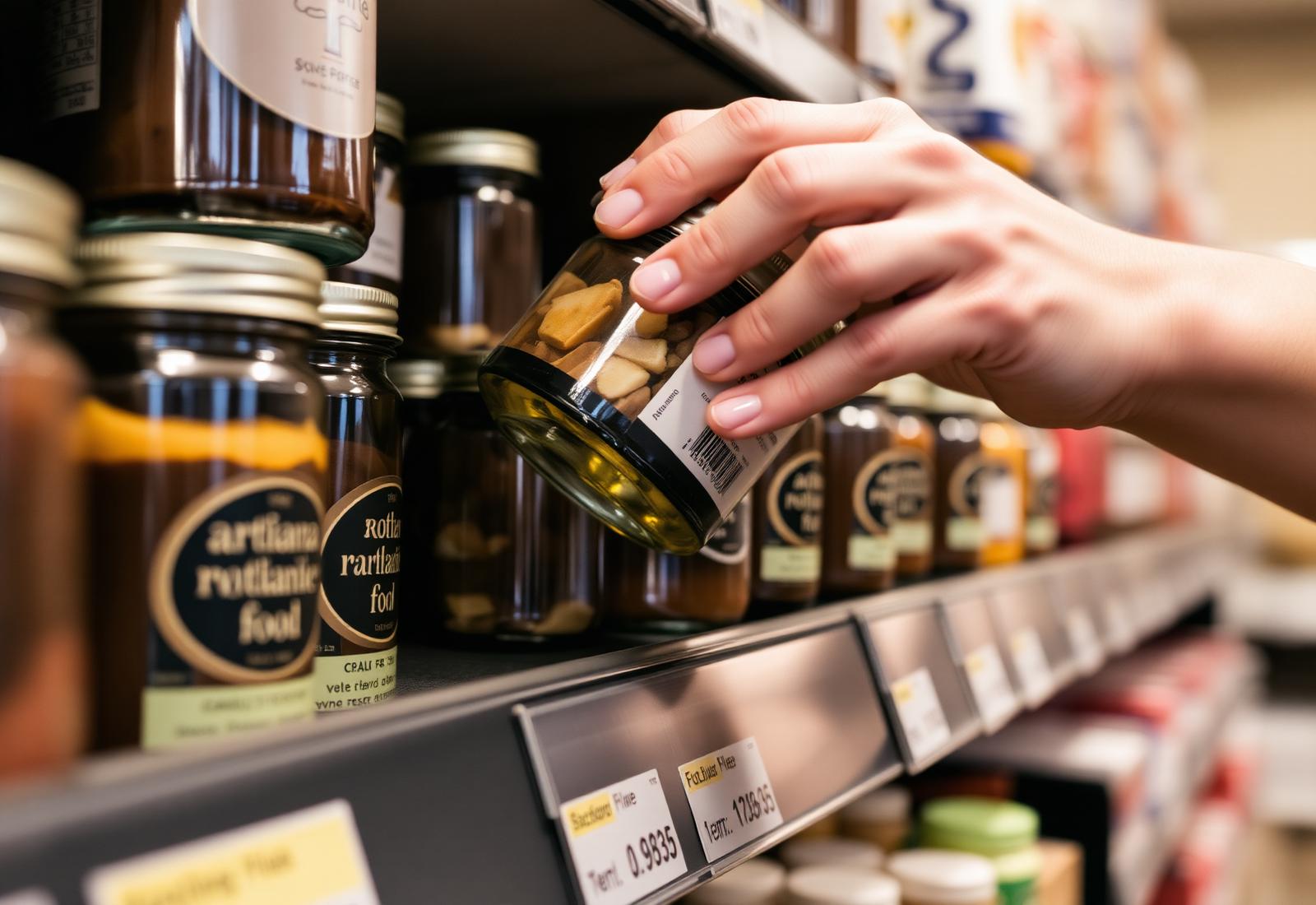 Hands rotating artisan product jars on a retail shelf